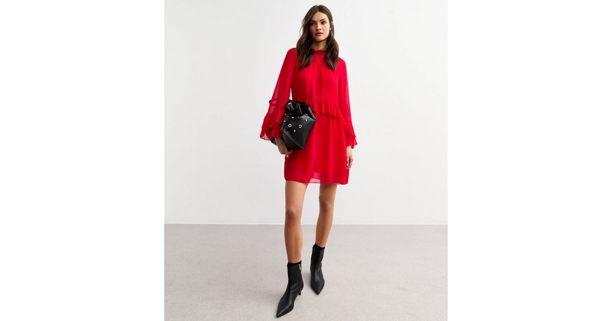 V NECK CHIFFON MINI DRESS WITH RUFFLE DETAIL
