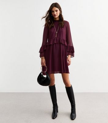 V NECK CHIFFON MINI DRESS WITH RUFFLE DETAIL main image 1