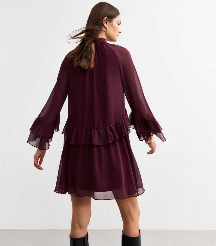 Burgundy Ruffled High Neck Chiffon Mini Dress