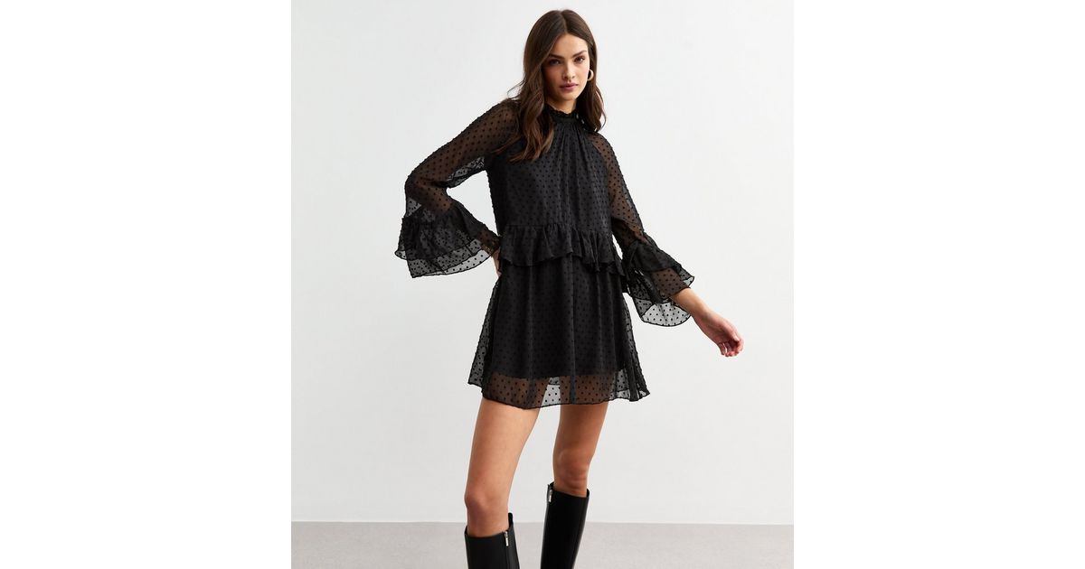 Black Polka Dot Chiffon Ruffle Long Sleeve Mini Dress New Look