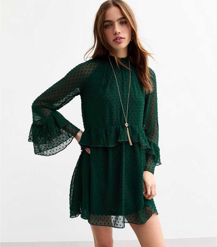 Green Polka Dot Chiffon Ruffle Long Sleeve Mini Dress | New Look Green Polka Dot Chiffon Ruffle Long Sleeve Mini Dress | New Look
