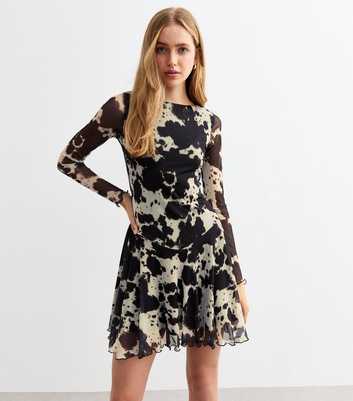 Black Cow Print Mesh Tie Back Mini Dress