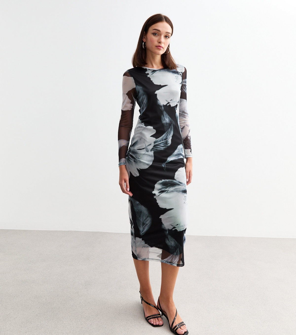 Women's Black Floral Print Mesh Long Sleeve Midi Dress New Look