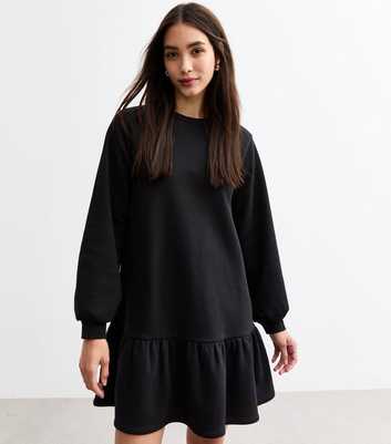 Black Drop Waist Jersey Sweat Mini Dress