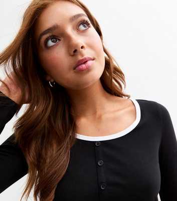 Girls Black Contrast Rib Long Sleeve Top