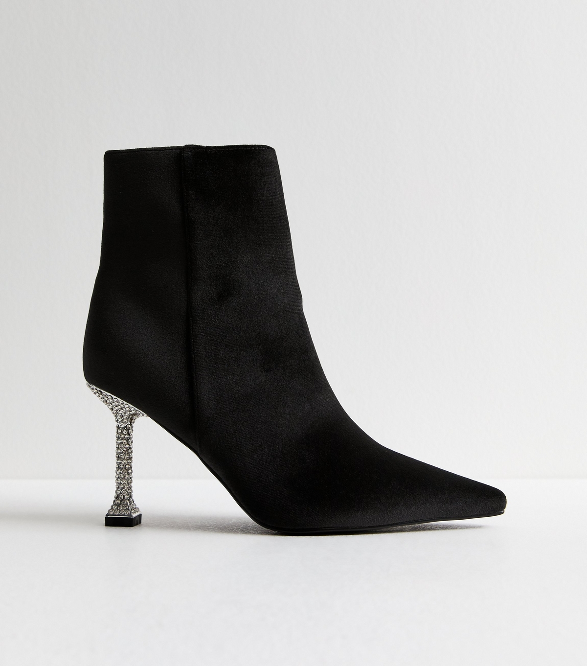 Women's Black Velvet Diamanté Stiletto Ankle Boots Vegan New Look