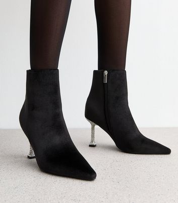 Black Velvet Diamante Stiletto Ankle Boots New Look