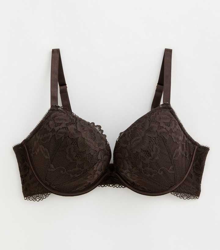 Dark Brown Floral Lace Plunge DD Plus Bra