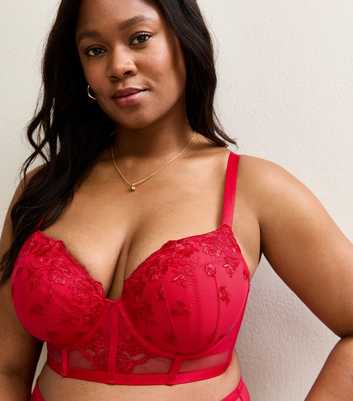 Curves Red Floral Embroidered Lace Plunge Bra