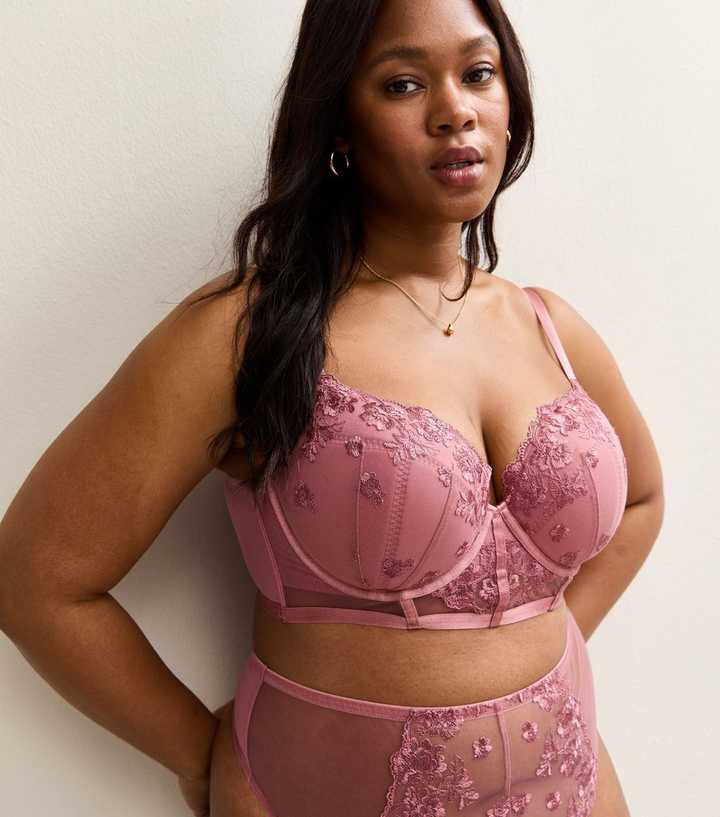 Curves Pink Floral Embroidered Lace Plunge Bra