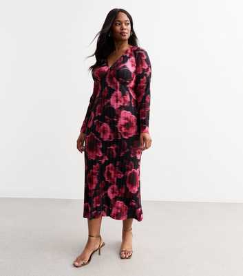 Curves Pink Floral Plissé Long Sleeve Midi Dress