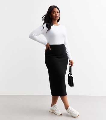 Curves Black Ribbed Jersey Midi Skirt