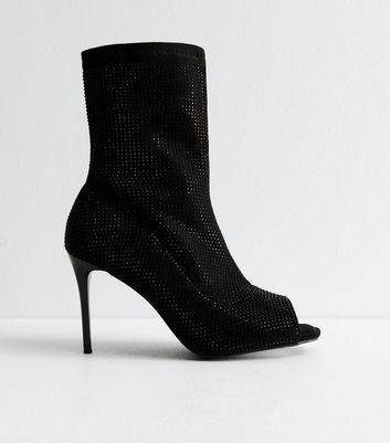 Wide Fit Black Embellished Peep Toe Ankle Boots New Look