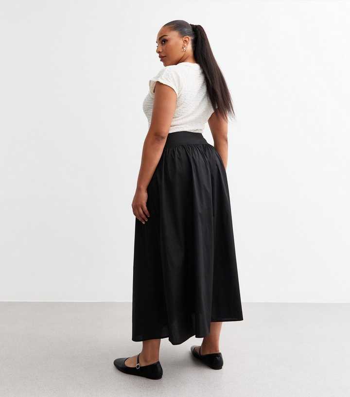 Curves Black Gathered Waist Midi Skirt New Look