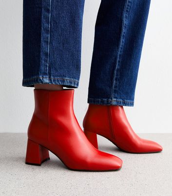 Red Square Toe Block Heel Ankle Boots New Look