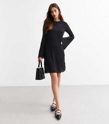 Black Flared Sleeve Textured Mini Skater Dress