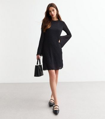 Black Flared Sleeve Textured Mini Skater Dress New Look