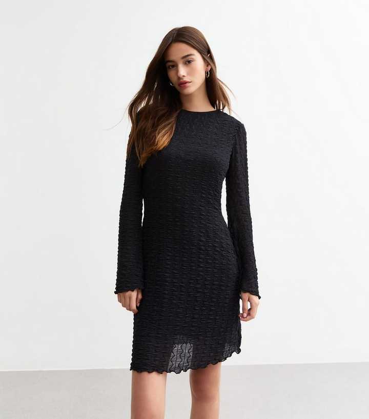 Black Flared Sleeve Textured Mini Skater Dress New Look