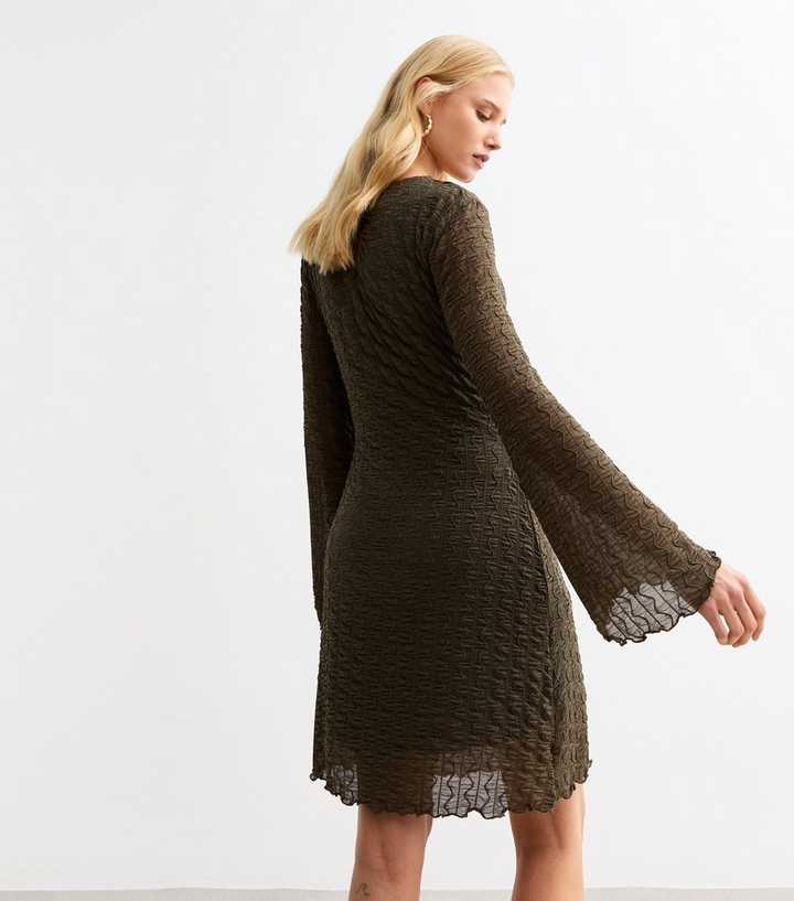 Khaki Flared Sleeve Textured Mini Skater Dress | New Look