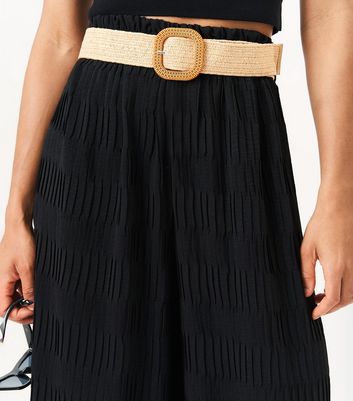 Gini London Black Raffia Belt Wide Leg Cropped Trousers New Look