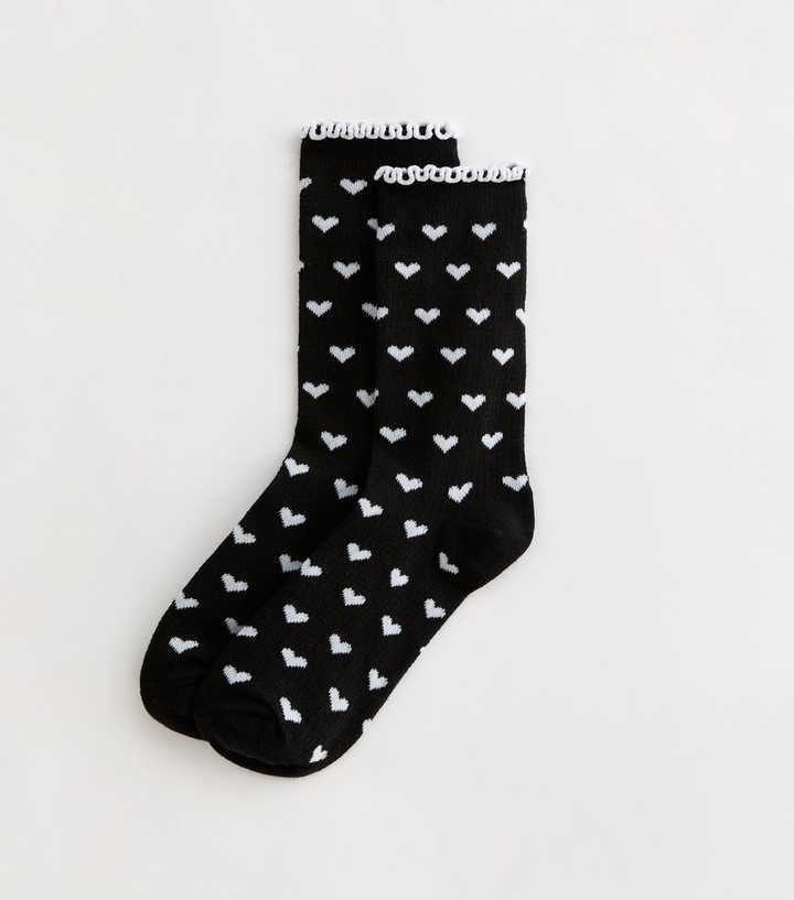 Black Heart Patterned Frill Trim Socks New Look black-heart-patterned-frill-trim-socks-new-look