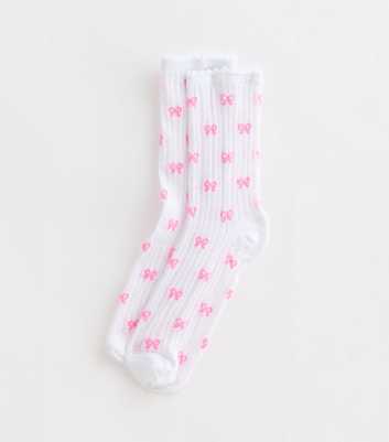 White Bow Pattern Cotton Blend Socks