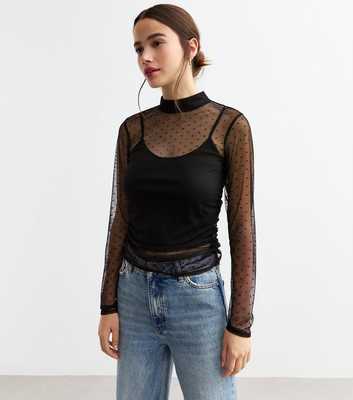 Black Mesh Spot Long Sleeve High Neck Top