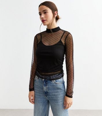 Long sleeve high neck mesh top best sale