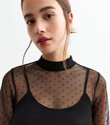 Black Mesh Spot Long Sleeve High Neck Top New Look