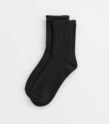 Black Frill Edge Cable Knit Socks