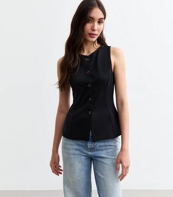 Black Crew Neck Button Down Top New Look