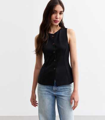 Black Crew Neck Button Down Top