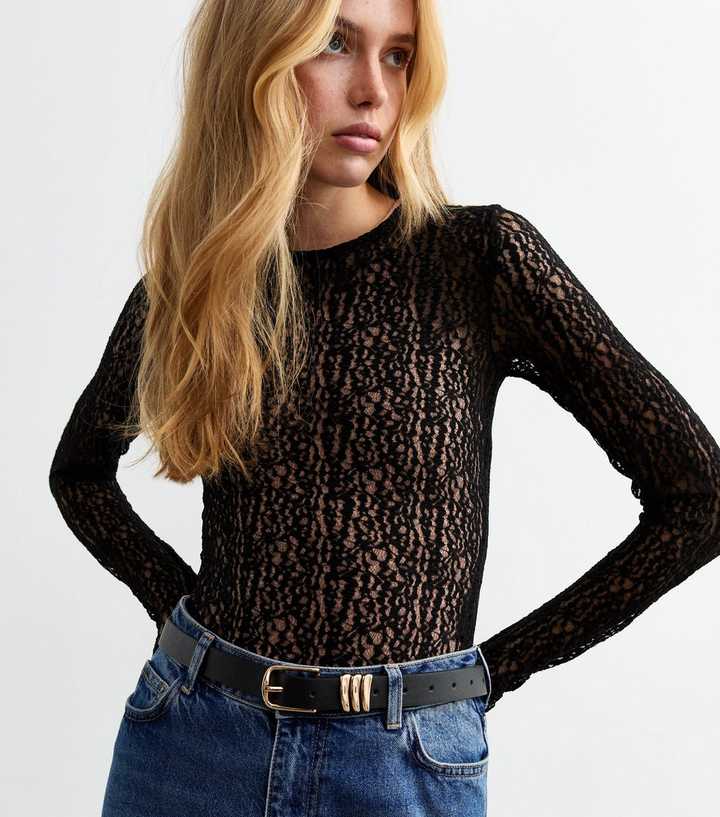 Black Mesh Stretch Long Sleeve Bodysuit