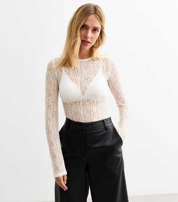 White Mesh Stretch Long Sleeve Bodysuit