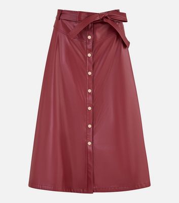 Yumi Burgundy Leather Look Belted Waist Midi Skirt New Look