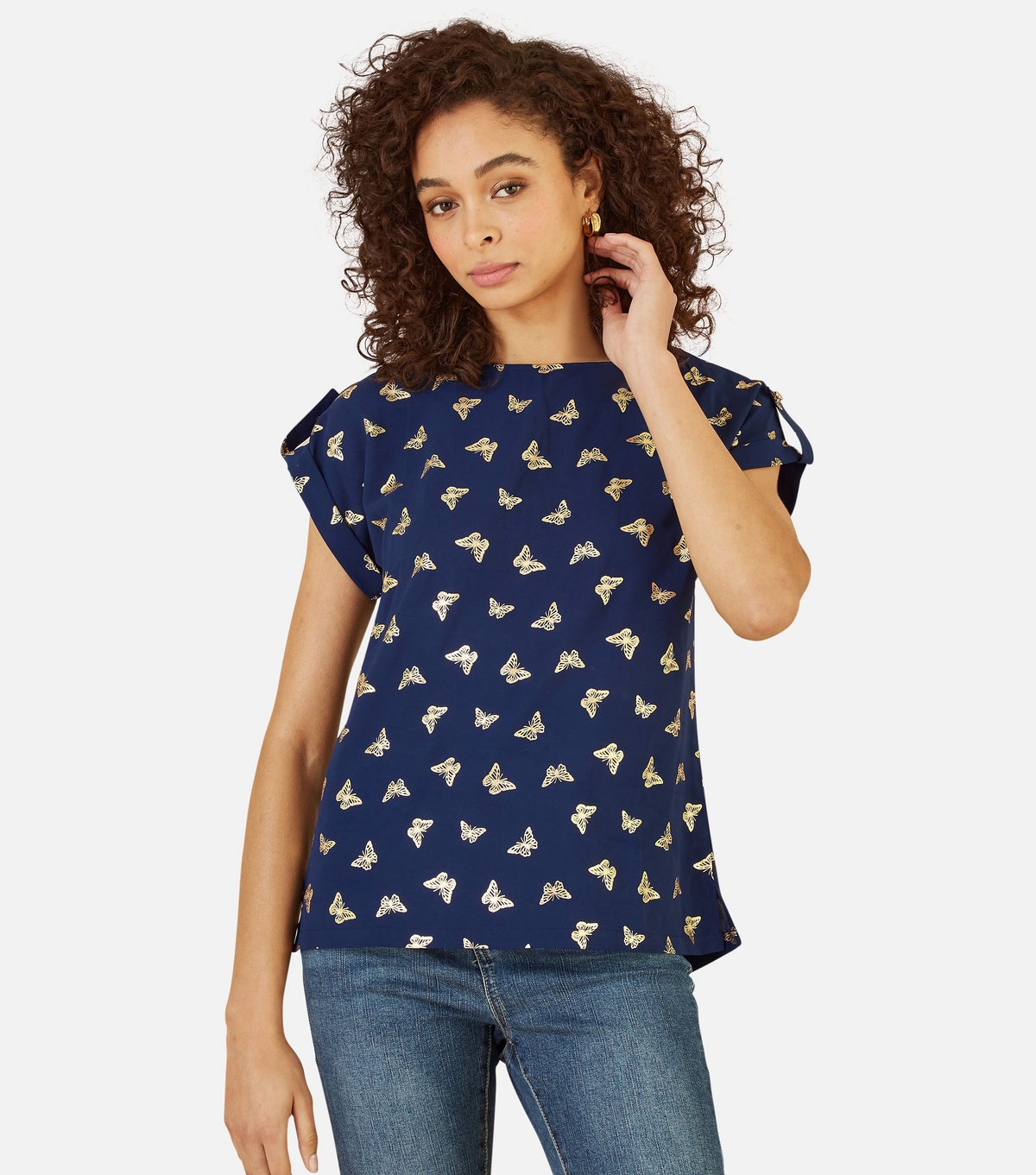 Women's Navy Foil Butterfly Print Top Yumi New Look