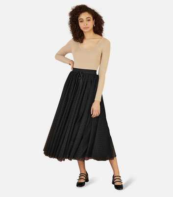 Yumi Black Mesh Spot Print Drawstring Midi Skirt