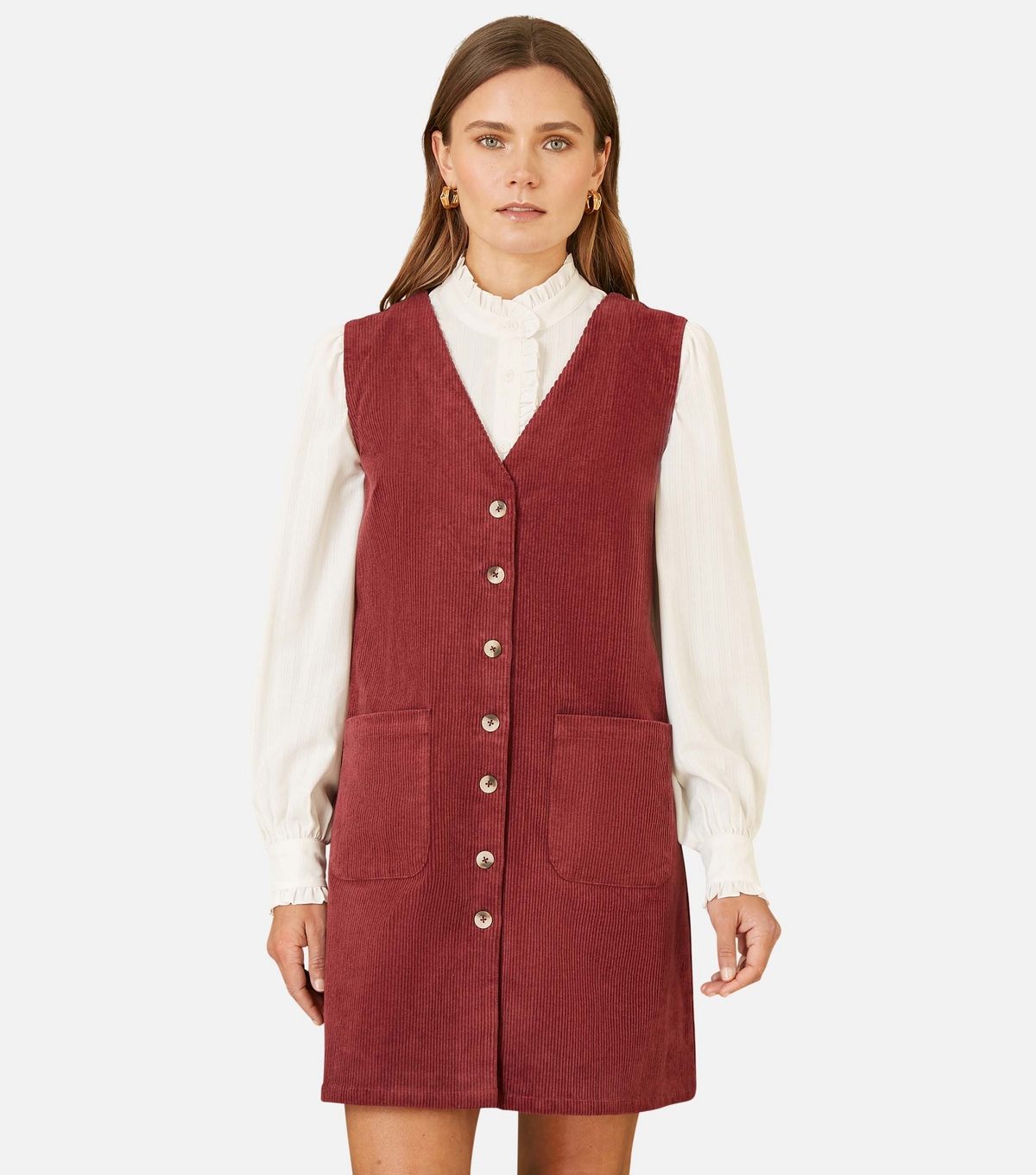 Yumi Women's Burgundy Corduroy V-Neck Button Through Mini Dress New Look Uk Size 8