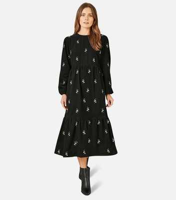 Yumi Black Corduroy Floral Embroidered Midi Dress