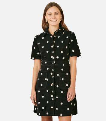 Yumi Black Corduroy Daisy Embroidered Shirt Dress