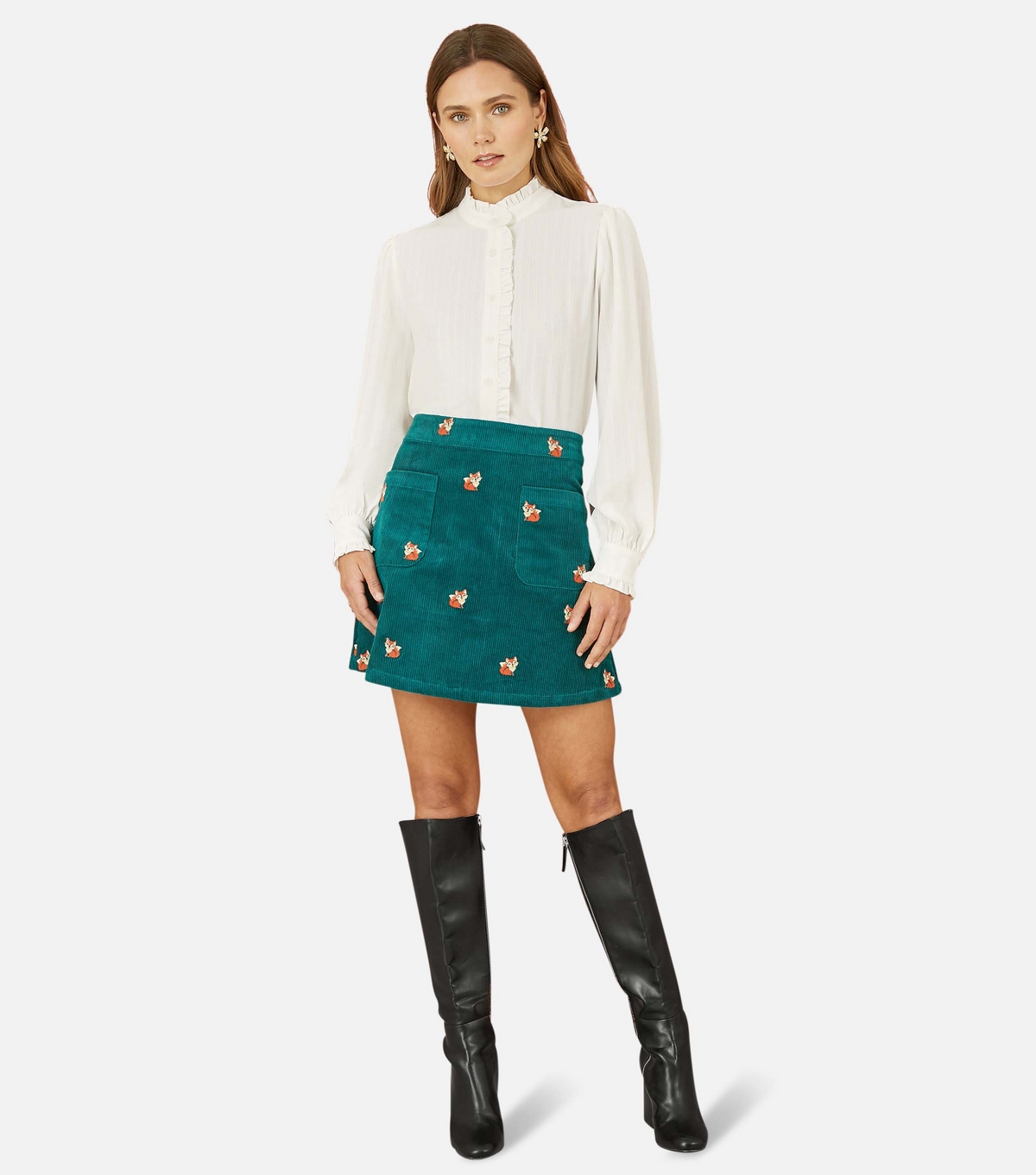 Women's Green Fox Embroidered Corduroy Mini Skirt Yumi New Look