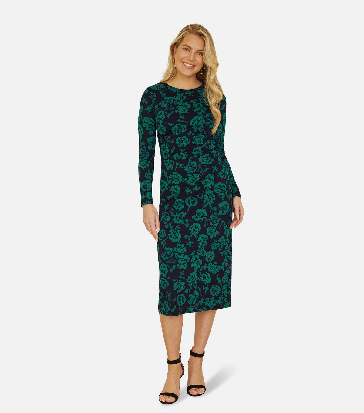 Women's Green Mesh Floral Print Midi Dress Yumi New Look