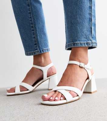 White Crossover Strap Block Heel Sandals