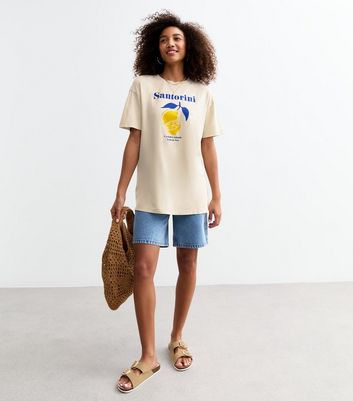 Off White Cotton Santorini Lemon Print Oversized T-Shirt New Look