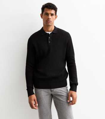 Jack & Jones Black Rib Knit Long Sleeve Polo Shirt 