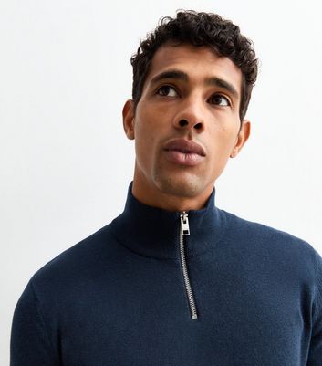 Men's Jack & Jones Navy Slim Quarter Zip Jumper New Look