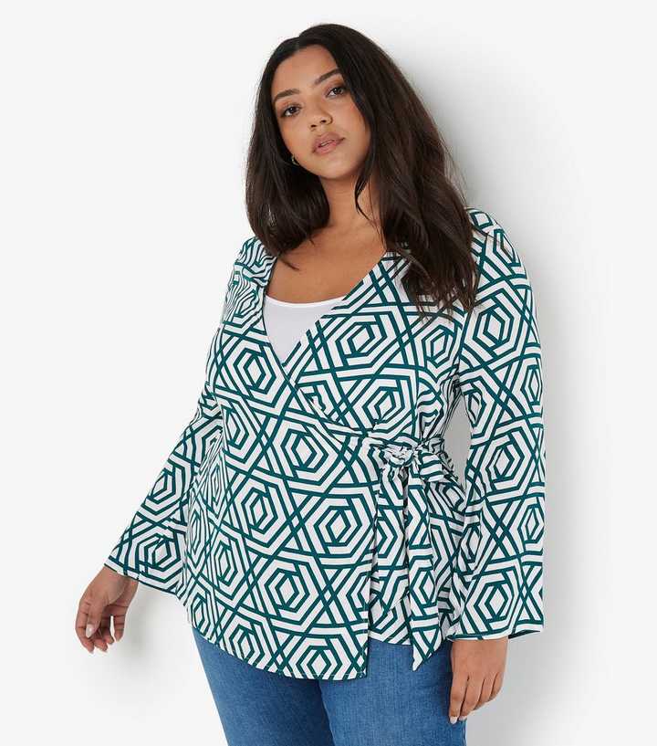 Apricot Curve Green Geo Print Wrap Top
