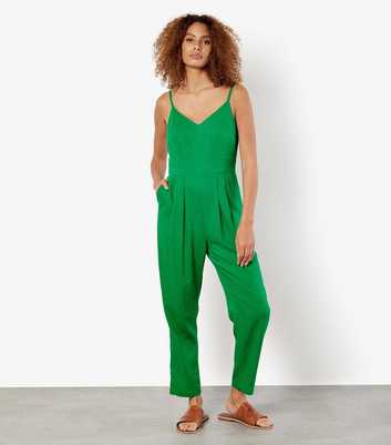 Apricot Green Linen-Blend Pleated Cami Jumpsuit