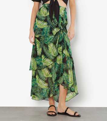 Apricot Green Crinkle Ruched Leaf Print Midi Skirt