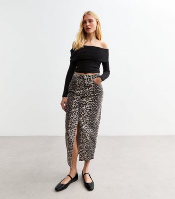 Brown Leopard Print Midi Denim Skirt New Look